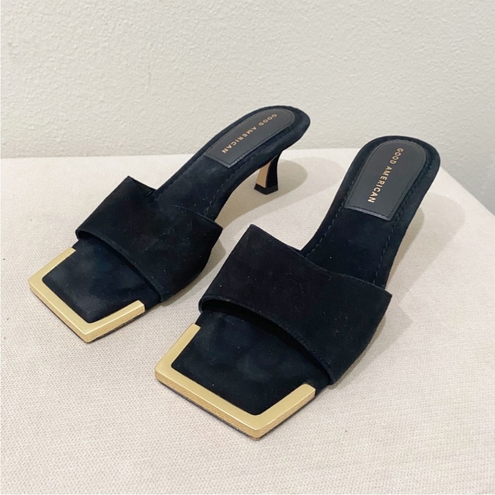 Good American Black Suede Square-Toe Kitten Heel Mules with Gold Trim
